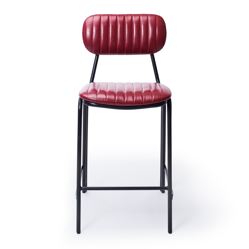 Vintage Red  Dackar Barstool  Dimension W43 D49 H95 SH65cm  Style Industrial   Brushed metal frame, solid ply seat, high density foam. PU upholstery features single stitch detailing and piping.