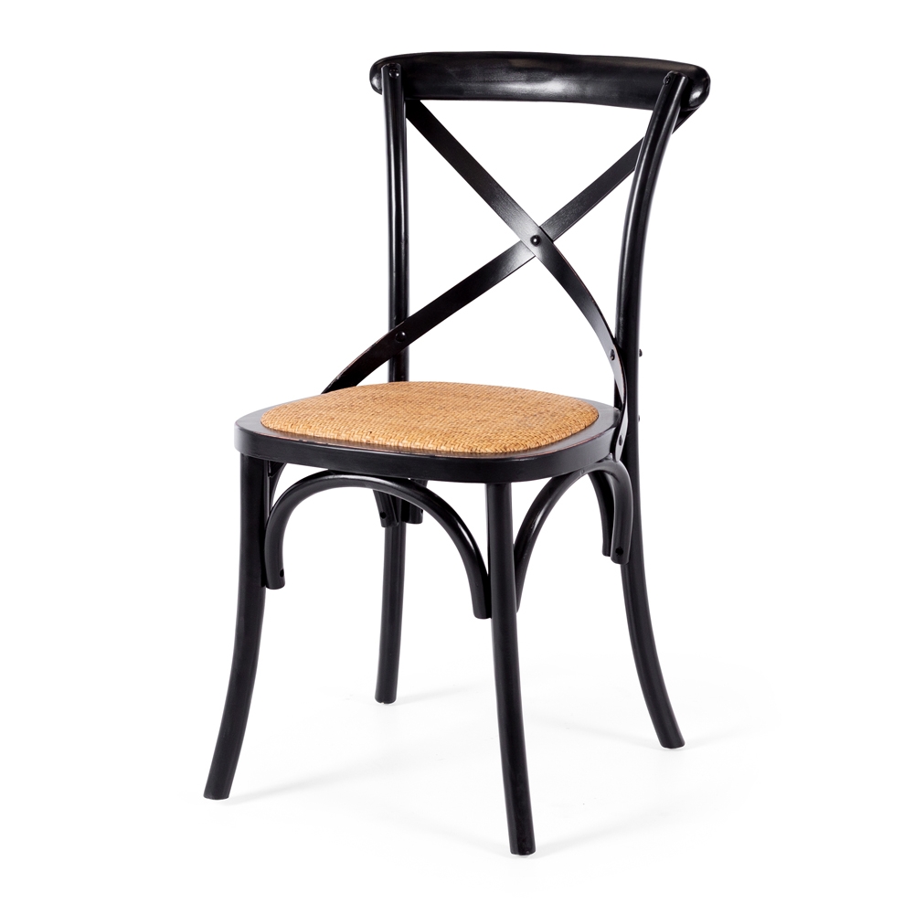  Back Chair Aged Black Rattan Seat   Timber Black Painted Birch  Colour Natural Rattan  Construction Heat engineered timber with anti-sag ply seat base, powdercoated metal, padded rattan and feature metal bolts.     Dimension W55 D51 H89CM; Seat Height 47CM
