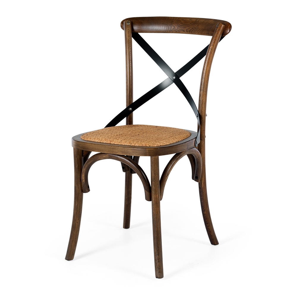 X-Back Chair Deep Oak Rattan Seat   Timber Dark Oak  Colour Natural Rattan  Construction Heat engineered timber with anti-sag ply seat base, powdercoated metal, padded rattan and feature metal bolts.     Dimension