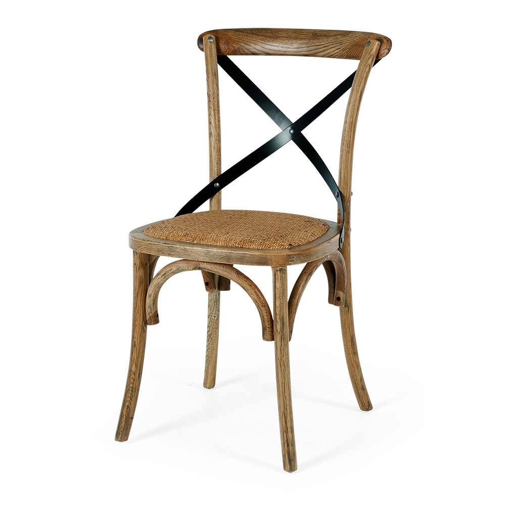 X-Back Chair Smoked Oak Rattan Seat  Timber Smoked Oak  Colour Natural Rattan  Construction Heat engineered timber with anti-sag ply seat base, powdercoated metal, padded rattan and feature metal bolts.     Dimension W55 D51 H89CM; Seat Height 47CM