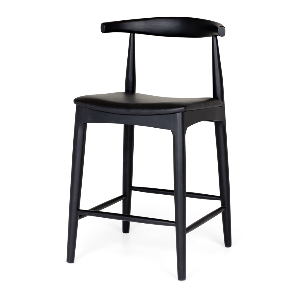 Elbow Barstool Dark Oak Black PU leatherette Seat   Timber Black Oak  Construction Solid Oak frame with a durable semi-gloss finish and stoppers on feet.  Dimension W550 D500 H940 SH650