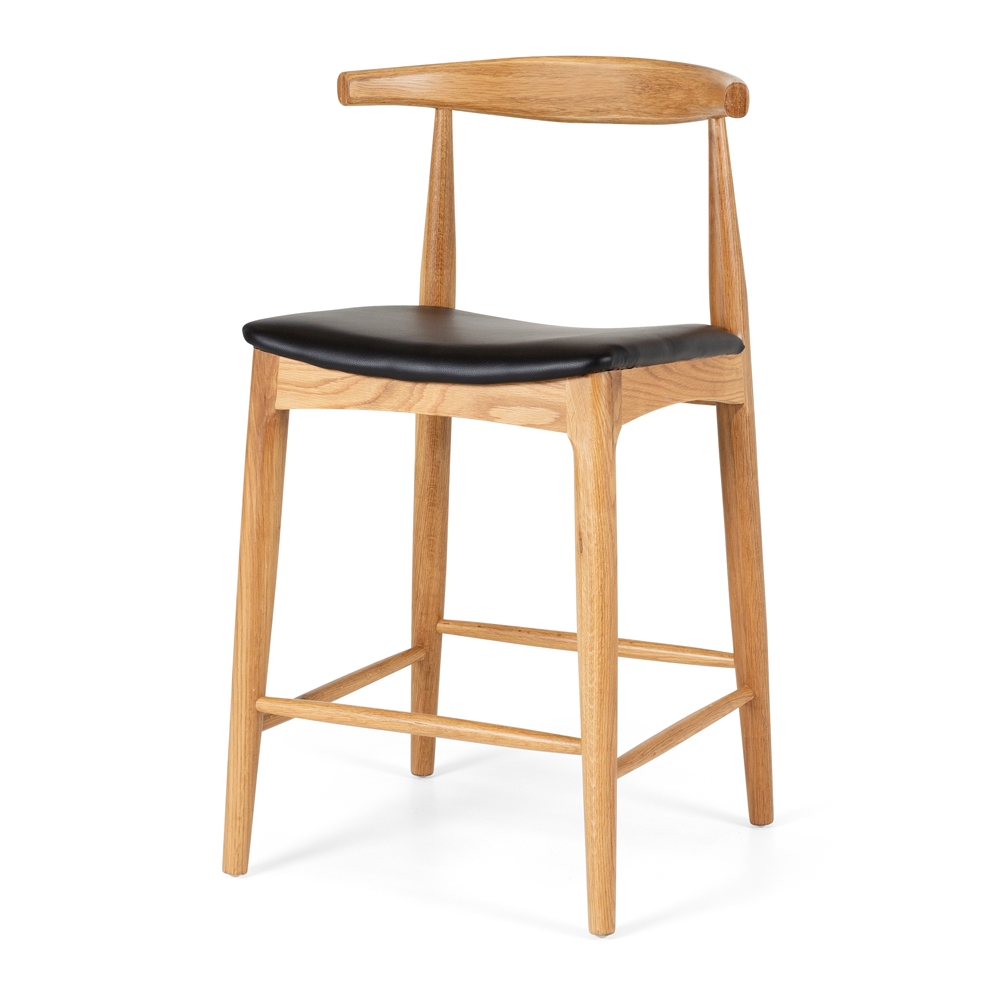 Elbow Barstool White  Oak with Black PU leatherette Seat    Construction Solid Oak frame with a durable semi-gloss finish and stoppers on feet.  Dimension W550 D500 H940 SH650