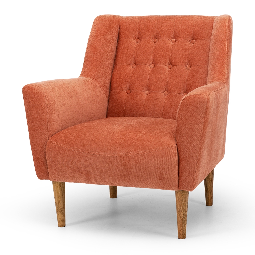 Kubrick Armchair   Timber Smoked Oak  Colours: Cream, Dusty Rose & Forest   Construction High density layered block foam on high quality webbing. Superior quality woven luxury upholstery.  Solid Oak legs in an on-trend aged finish.  Dimension W820 D840 H890