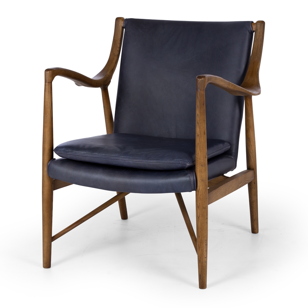Fin Armchair  Colour Blue Waxed Leather  Construction Solid Ash frame, foam and Top Grade Aniline Leather   Dimension W75 D74 H84 SH45cm