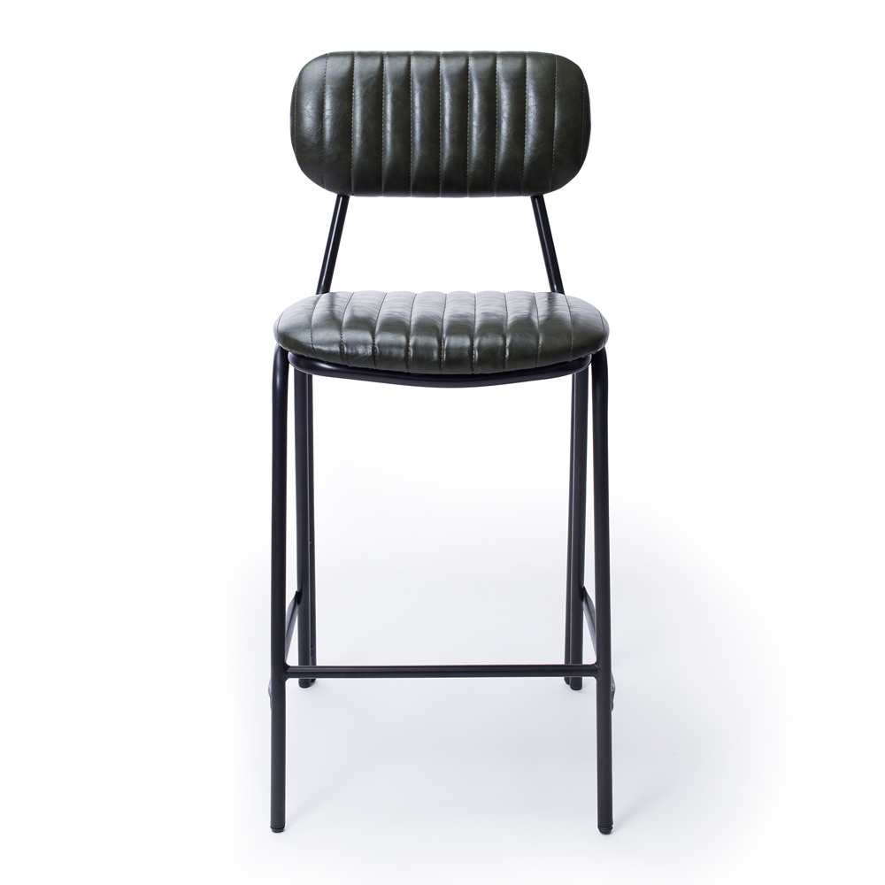 Vintage Green Dackar Barstool  Dimension W43 D49 H95 SH65cm  Style Industrial   Brushed metal frame, solid ply seat, high density foam. PU upholstery features single stitch detailing and piping.