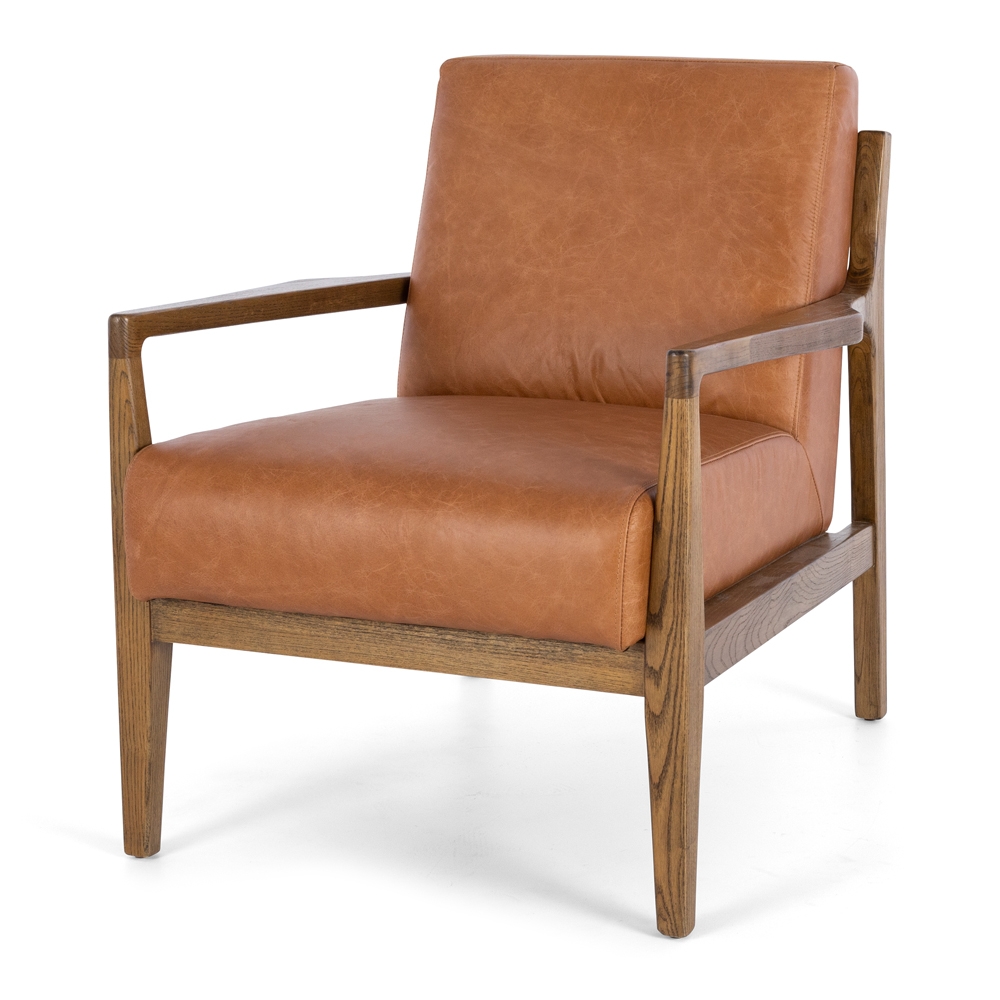 OLLA Armchair Tan Leather Style Mid-Century Timber Smoked Oak Colour Tan Leather Construction Solid Oak frame, foam and Top Grade Aniline Leather Dimension W70 D83 H81cm