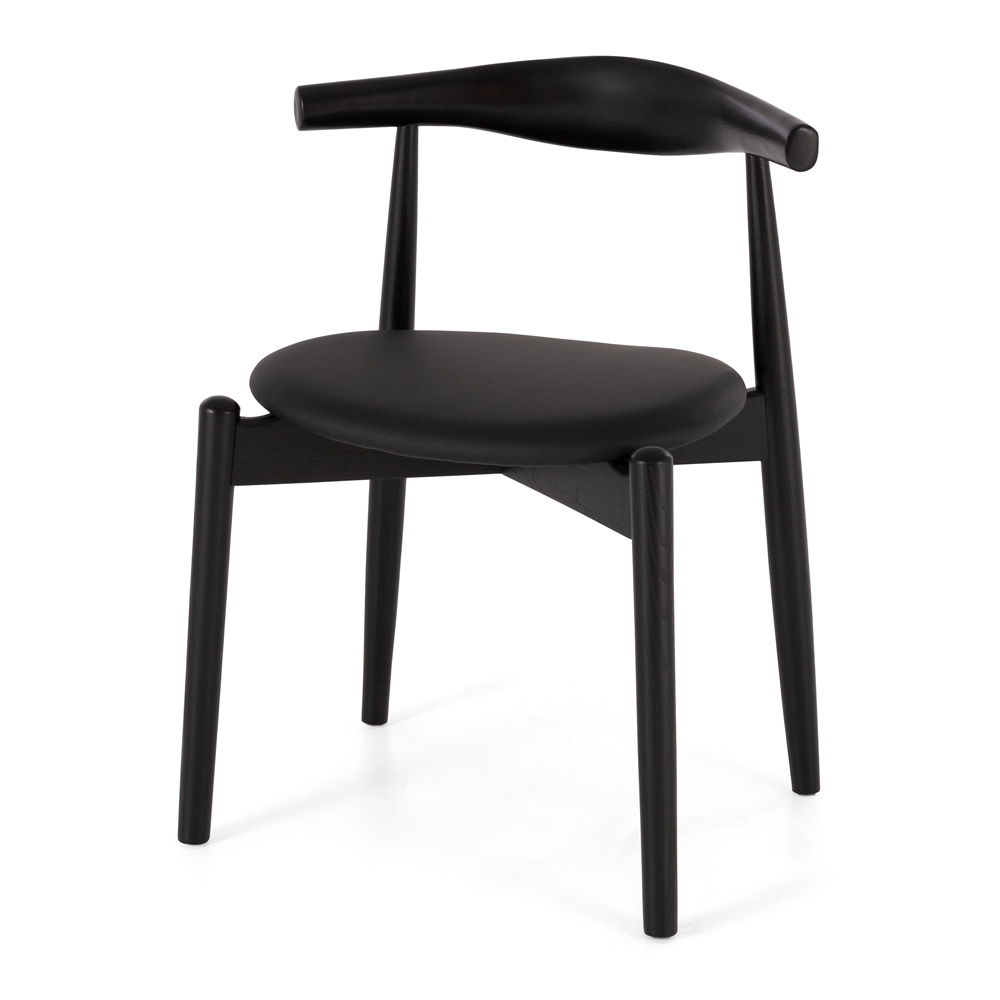 ELBOW Stacker  Chair Black Ash Black PU Seat Dimensions W59 D48 H75 SH49cm  Style Scandinavian  Timber Ash  Colours Natural w/Black Vinyl Seat  Construction Solid Oak frame with a durable semi-gloss finish, PU seat and stoppers on feet. Stackable.