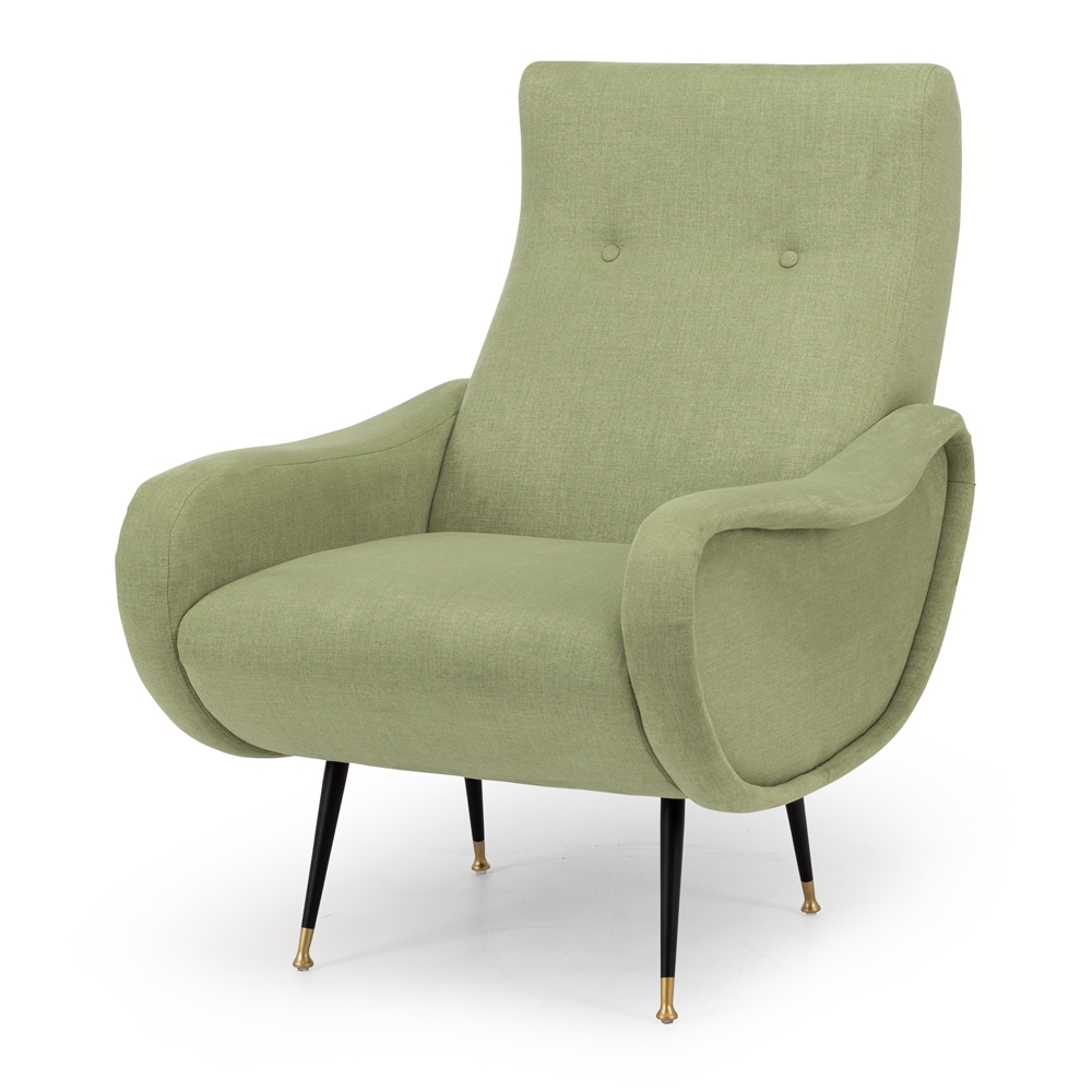 JetsArmchair Style Mid-Century Classic  Colour Moss   Construction Plywood internals, high density foam, pulled button detailing, matt metal legs with brass feet and clear stoppers on feet. 100% easy clean Polyester upholstery.  Dimension W64 D73 94CM