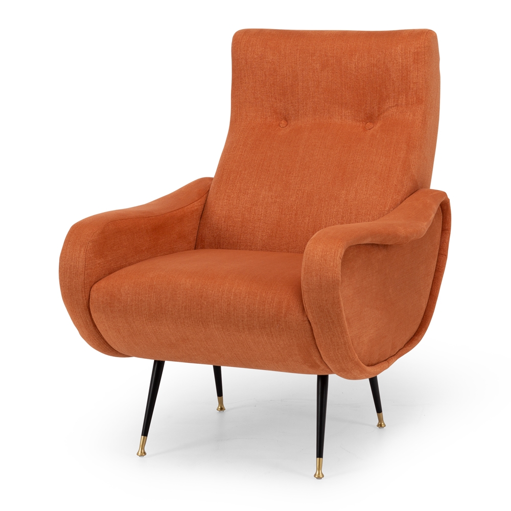 JetsArmchair Style Mid-Century Classic  Colour Terracotta  Construction Plywood internals, high density foam, pulled button detailing, matt metal legs with brass feet and clear stoppers on feet. 100% easy clean Polyester upholstery.  Dimension W64 D73 94CM