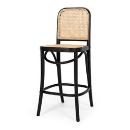 Hoffman Barstool Black Rattan Seat
Construction Each piece is uniquely crafted and hand bent. Features finger joins, recessed rattan placement and stoppers on feet. As this is solid oak, differences in timber may vary and considered as natural characteristics.

Dimension
W420 D470 H1000 SH650
